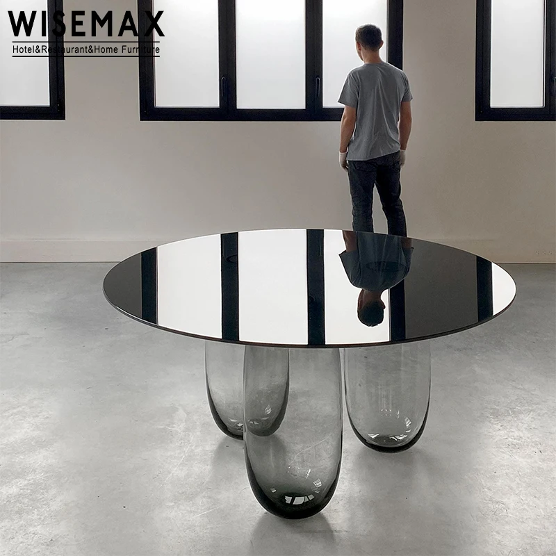 WISEMAX FURNITURE luxury modern dining room table tempered black glass top round shaped dining tables for dining room furniture