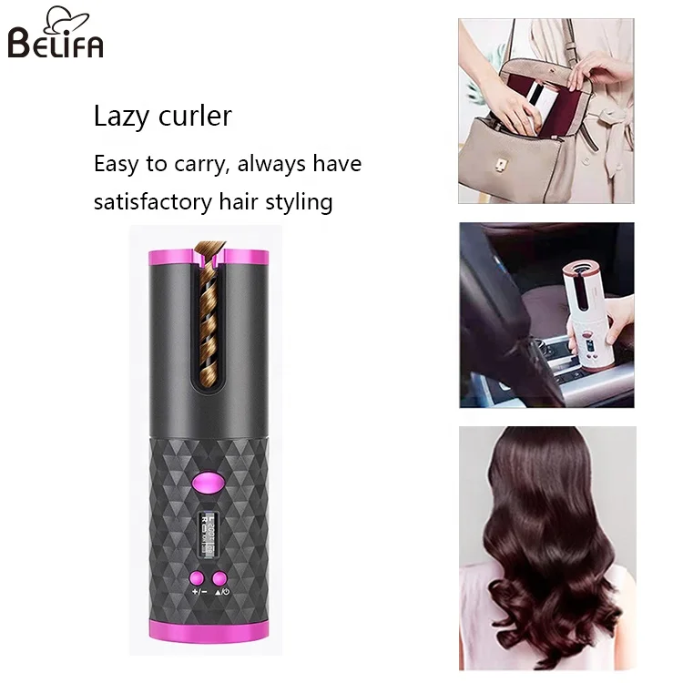 Hair curling iron with 6 temperature portable ceramic usb rechargeable wireless cordless auto automatic rotating hair curler