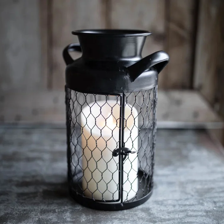 Modern Style Milk Can Black Metal Luminary Iron Wire Tabletop candle holder Lantern for Home Decor