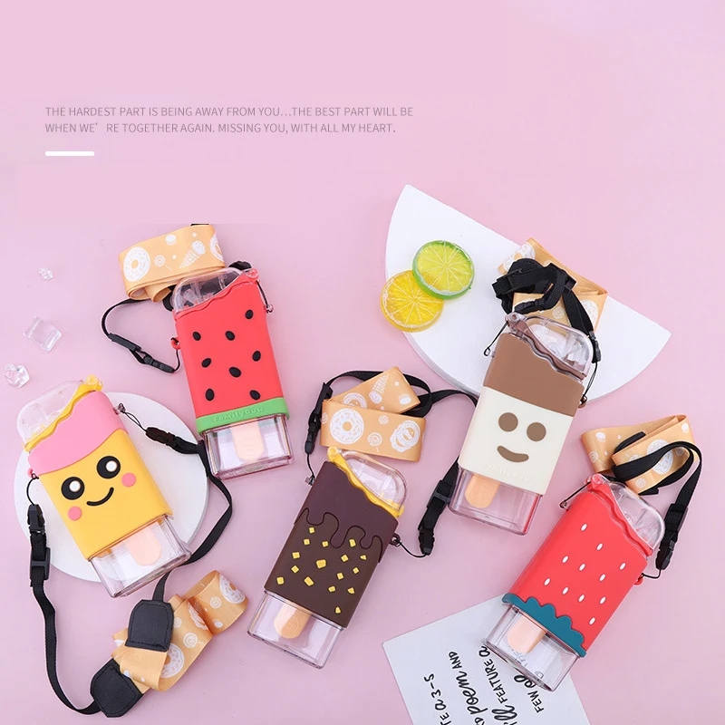 300ml portable kids cute plastic fruit cup popsicle ice cream shape water bottle with straw