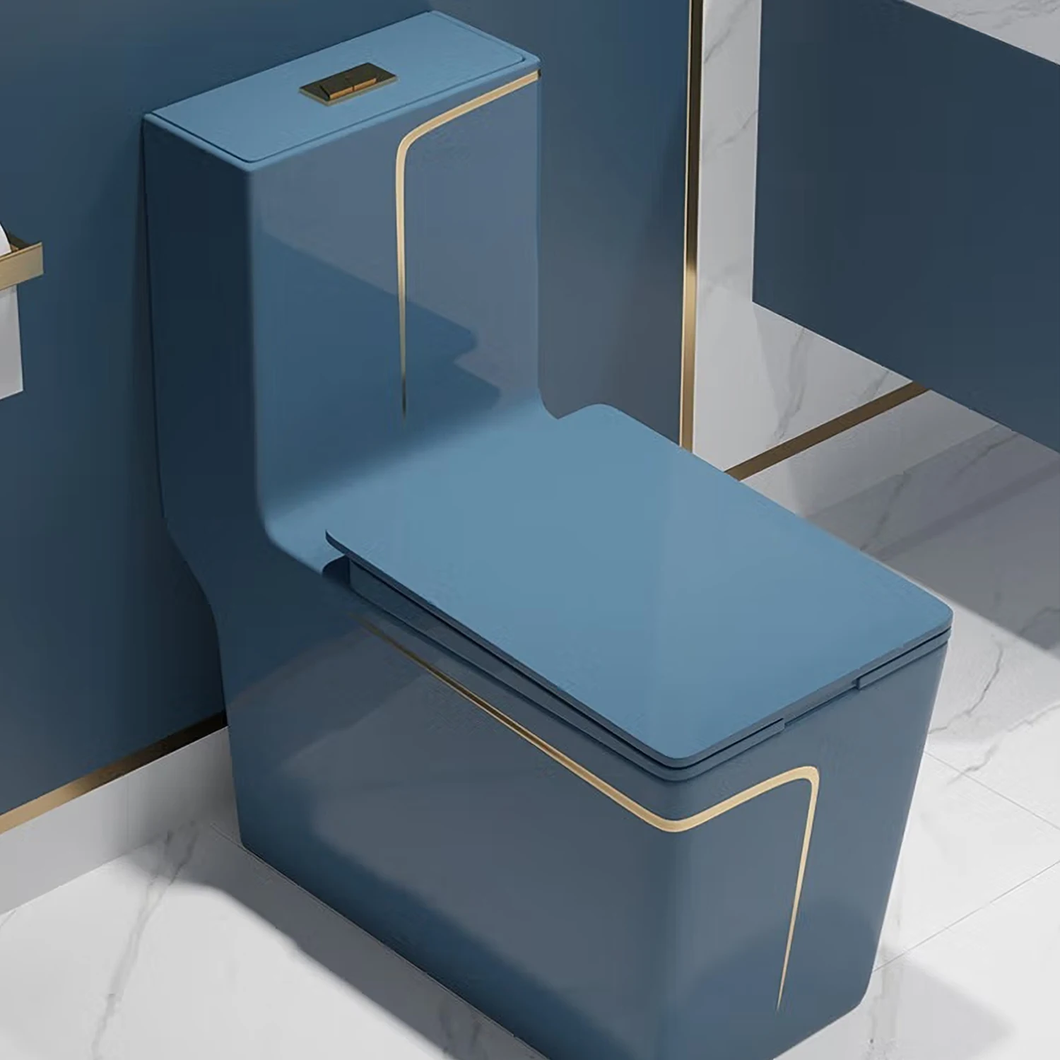 Modern Hot Sale Hotel Bathroom Freestanding Ceramic White Black Blue Gray Toilet with Gold Trim Floor Mounted One Piece Toilet