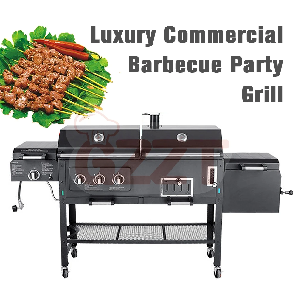 American Outdoor Garden Large Gas And Charcoal Grill Combo Smokeless Barbecue Bbq Commercial Grill Trolley With Smoker Oven