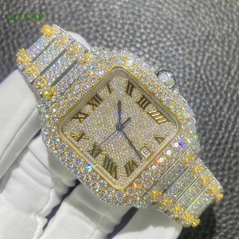 Hip Hop Jewelry Customized Moissanite Watch Luxury VVS Moissanite Diamond Buss down automatic watch for men