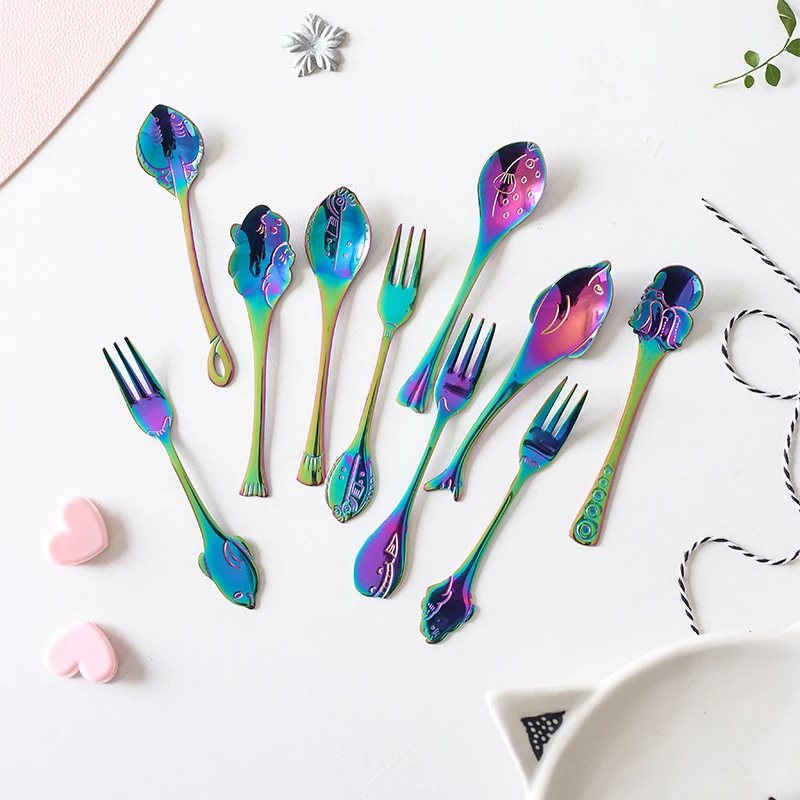 Funny fish shape 304 stainless steel teaspoon cake fork children spoon and fork