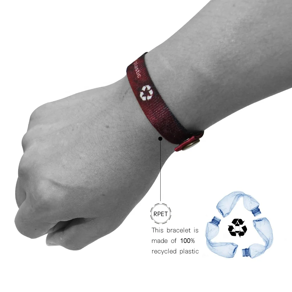 OEM recycled plastic fabric wristband with metal snap button