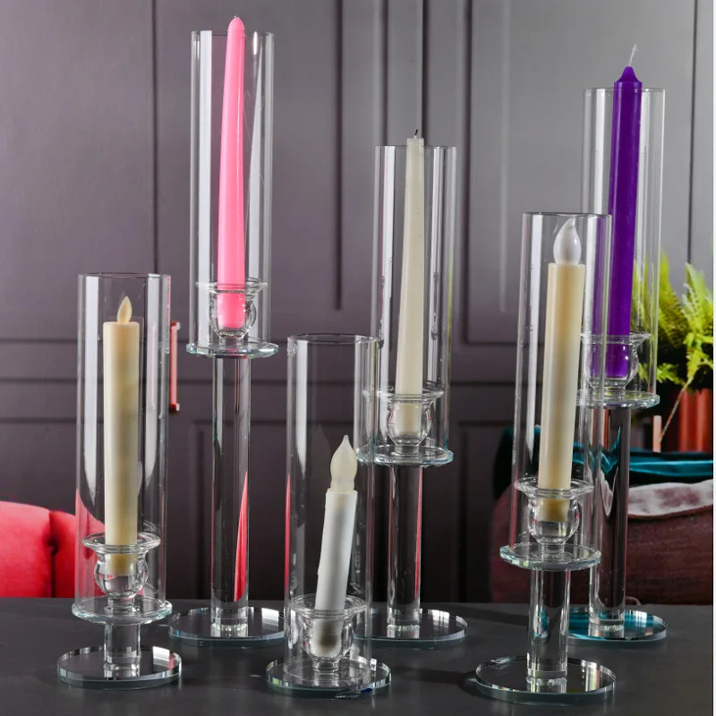 Single-head Straight-rod Glass Crystal Candle Holder Set NordicTea Light Pillar Vintage Candle Holder Wedding Events Decorative