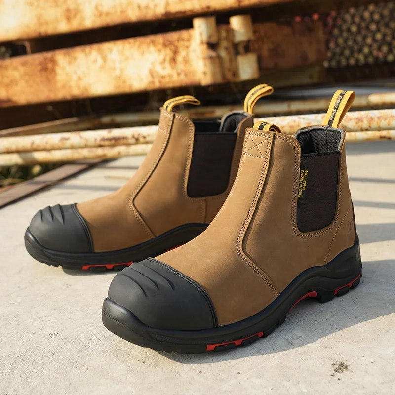 ZG L603 High Quality Chelsea Yellow Work Shoes Dark Brown Coffee Color Crazy Horse Safety Boots, Composite Toe Work Safety Boots