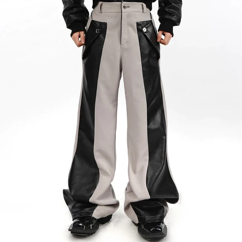 Custom color matching PU Leather Stitched Flared Trousers straight wide leg cargo pants