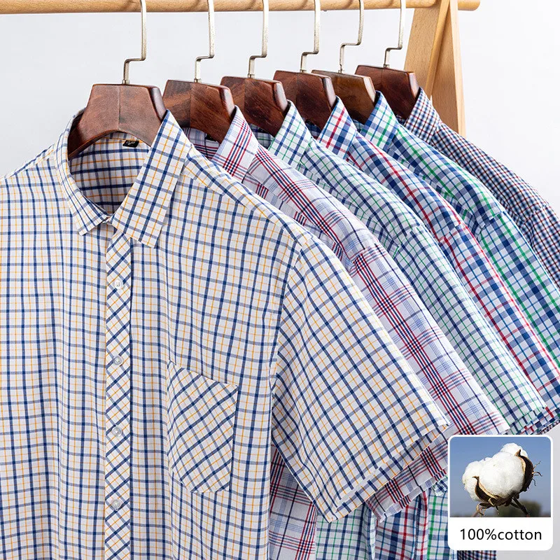 Summer Male Formal Wear Business Casual Stylish Dress Shirts Men Cotton Short Sleeve Plaid Shirt