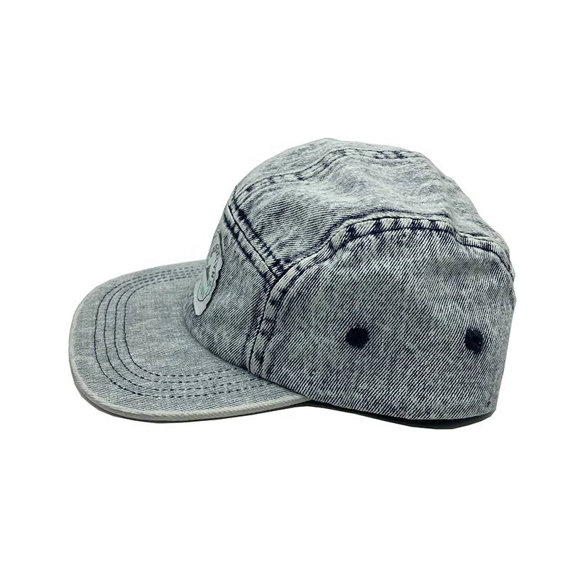 Classical Blue Acid Wash Denim 5 Panel Snap Back Cap and Hat With Custom Logo Patch for Kids