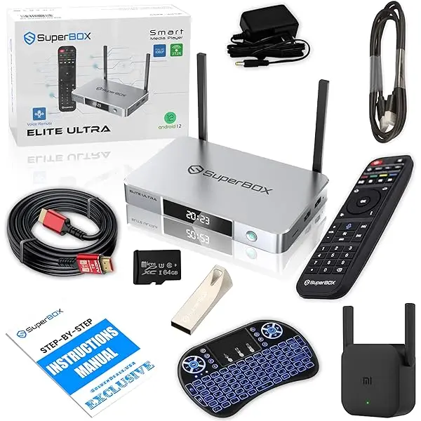 Stream box TV 2024 Super Box S5 MAX Bundle 8K , 64GB Card/Drive, WiFi Extender, Keyboard (IN-STOCK)