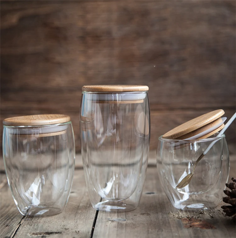 8oz 12oz 16oz Double Wall Borosilicate Glass Mugs Insulated Coffee Mugs with Bamboo Lid Heat-Resistant Double-Layer Structure