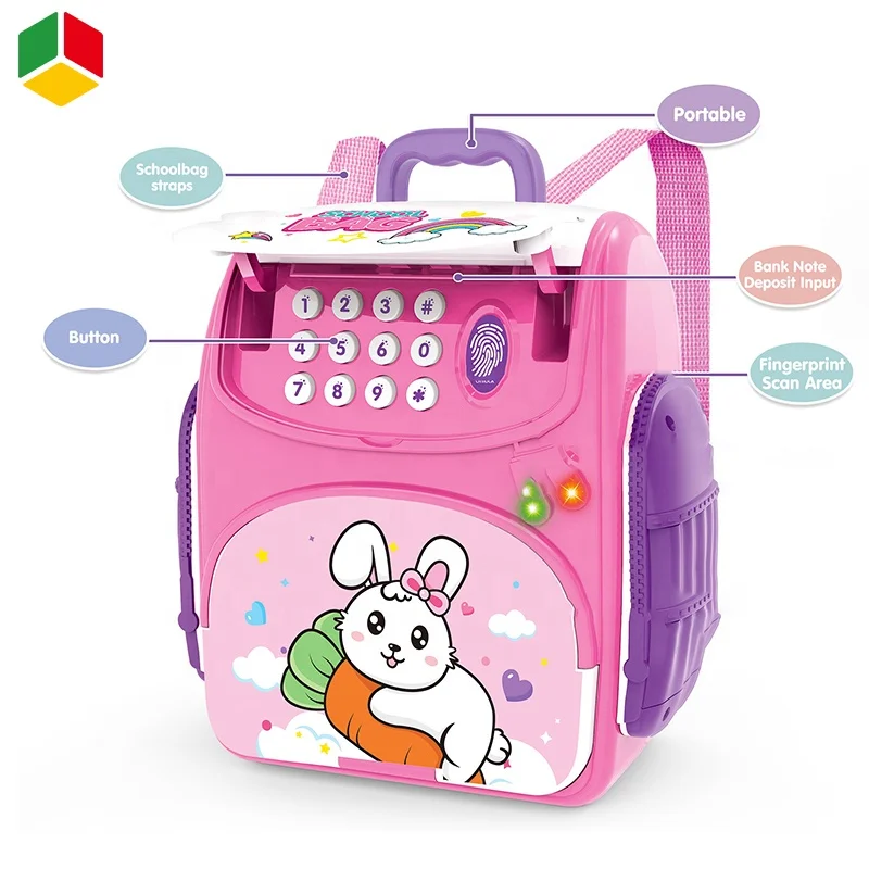 QS Children Schoolbag ATM Deposit Money Simulation Fingerprint Identification Unlock Password Piggy Bank Safe Banking Toys