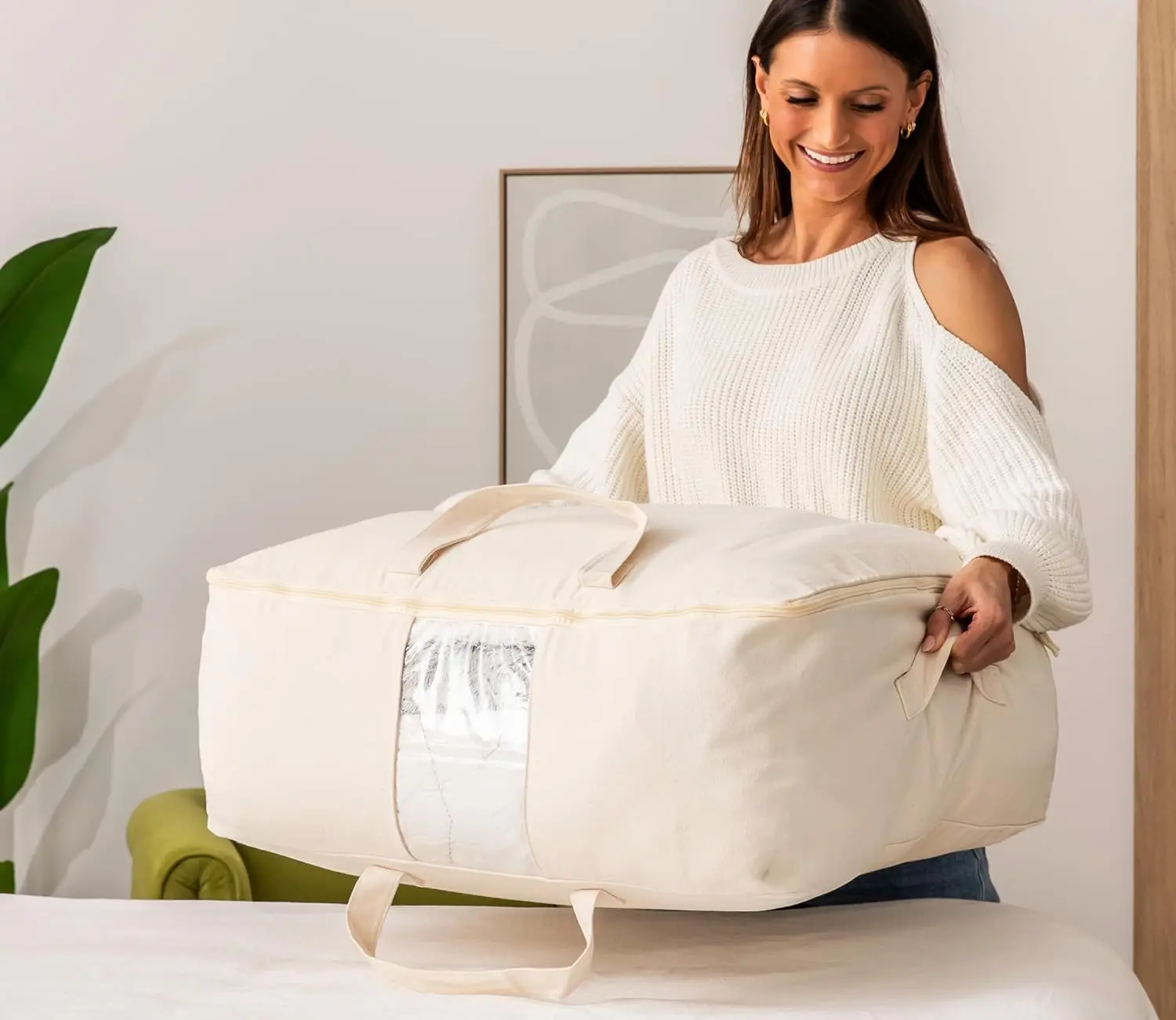 Breathable Soft Canvas Storage Bag Large Comforter Organizer Bag for Sheets Blankets Bedding Pillows, Clothes