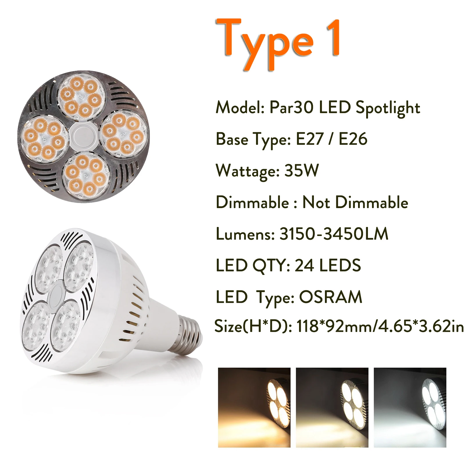 PAR30 E27 LED Spotlight Bulbs 35W 3200LM 24LEDs Cool Warm Neutral White Lamps 180V - 240V Ultra Bright For Shop Decor