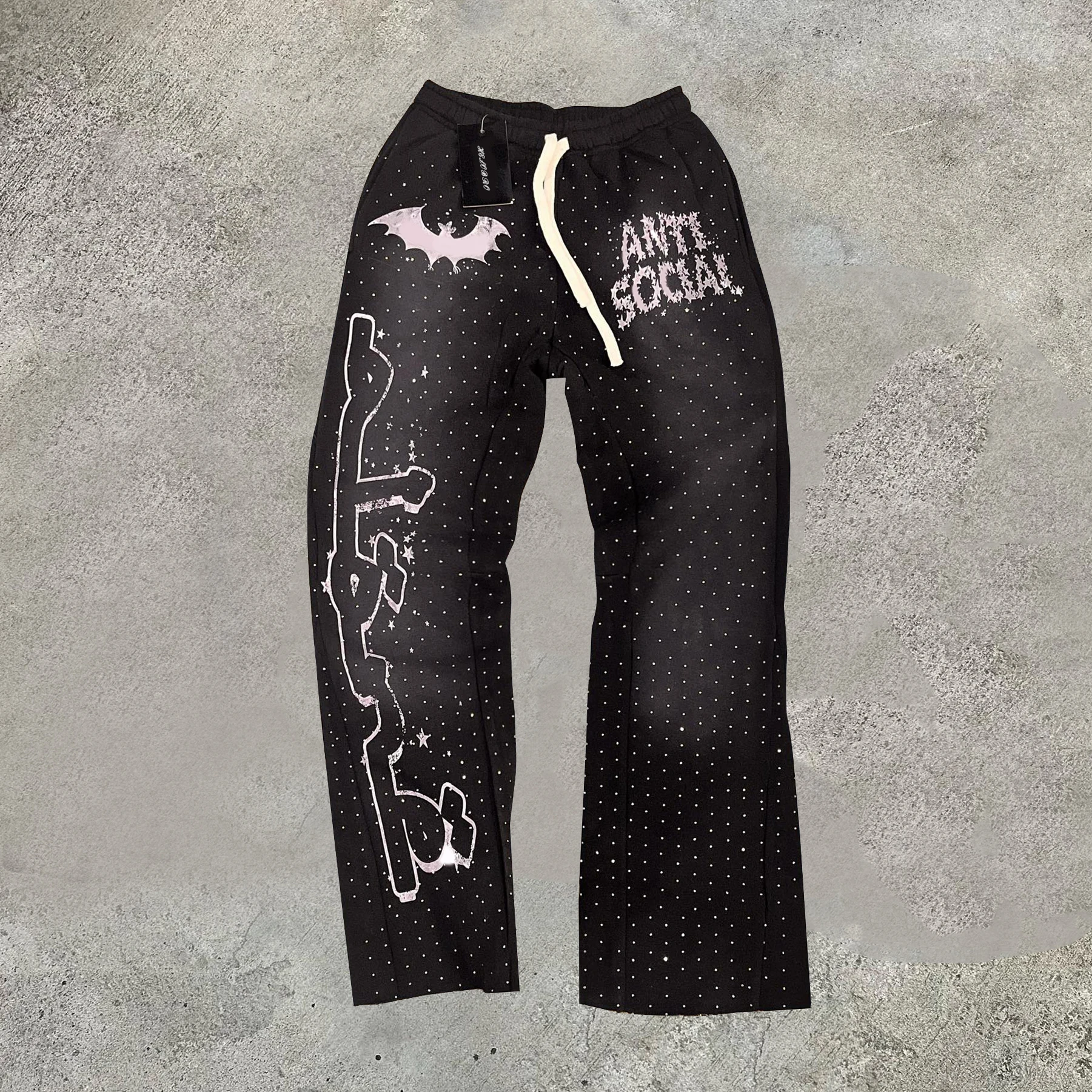 custom cotton streetwear washed vintage screen print oversized cut and sew rhinestone flared sweat pants