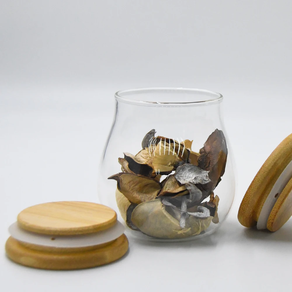 Glass Coffee Nuts Canister Airtight Clear Matte Glass Jar 8*8cm With Bamboo Lid For Kitchen Storage Jar