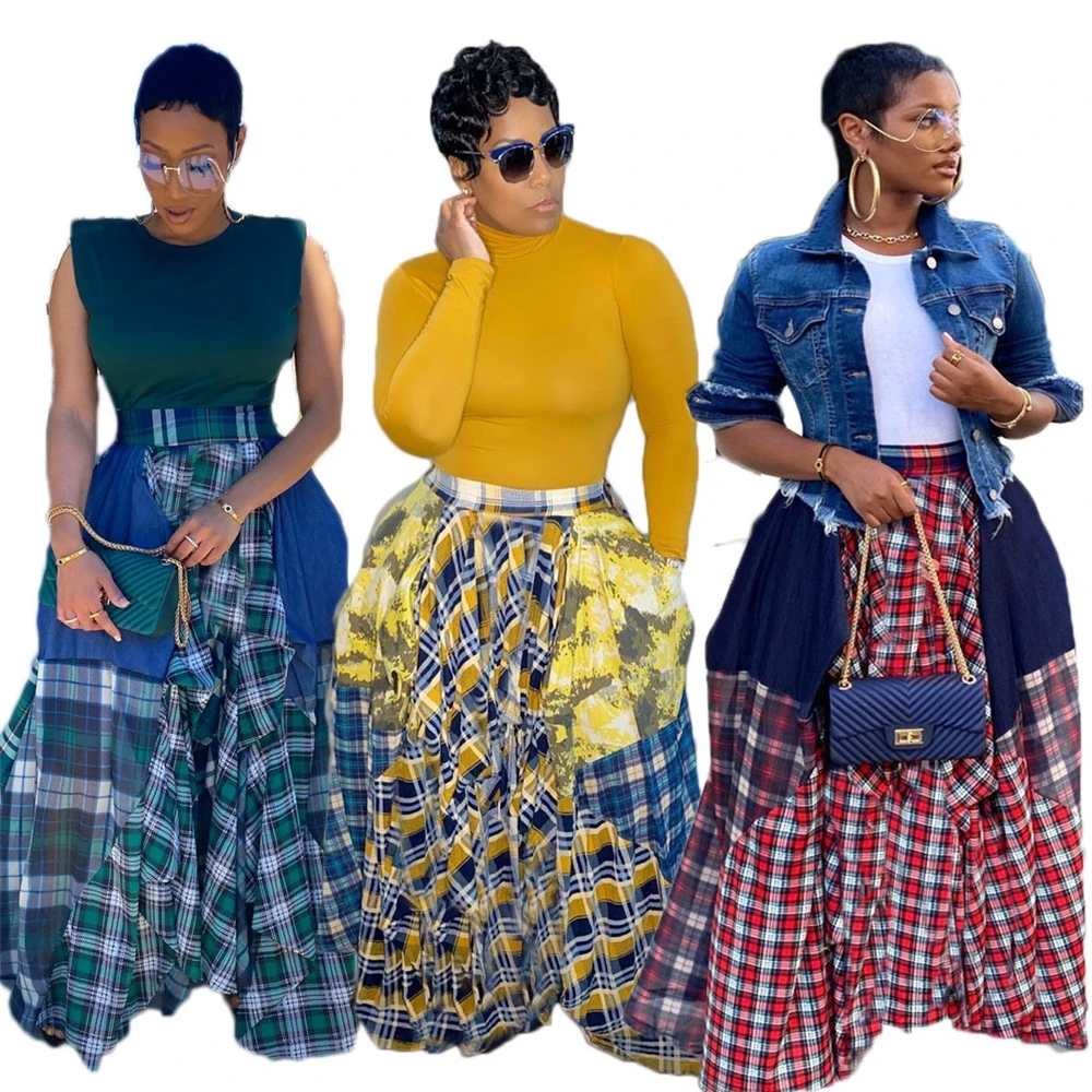 ANSZKTN Fashion Women Irregular  Long Skirt High waist Casual Loose Printed Plaid Plus Size Skirt Maxi Skirts
