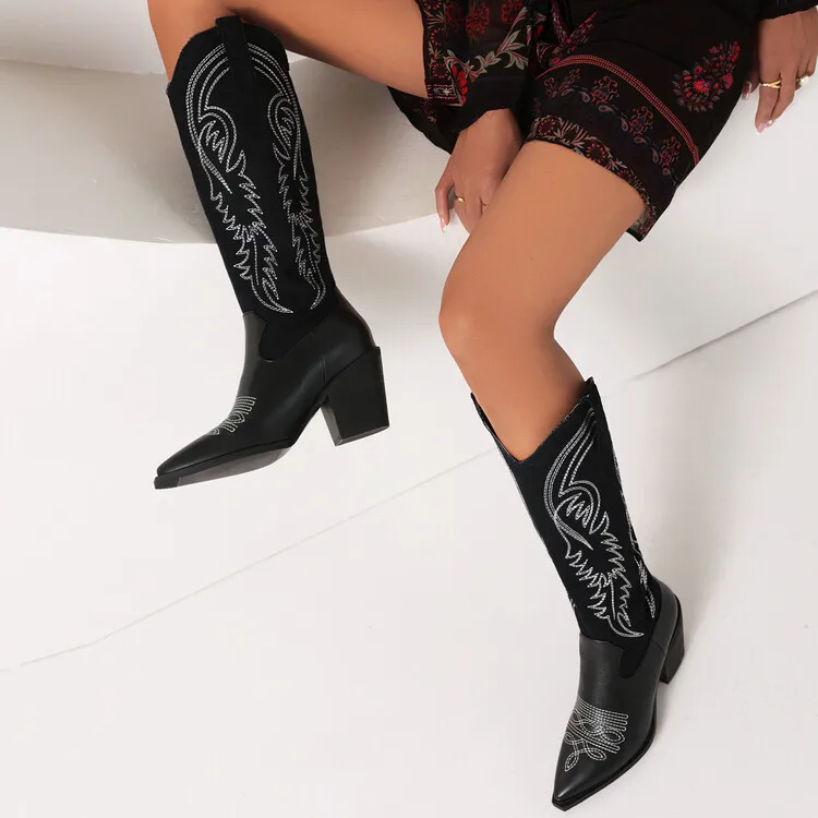 Leather Western Cowboy Boots 2022 Ins Hot Sale Black Knee-High Boots Thick Square High Heels Female Shoes Plus Size 43