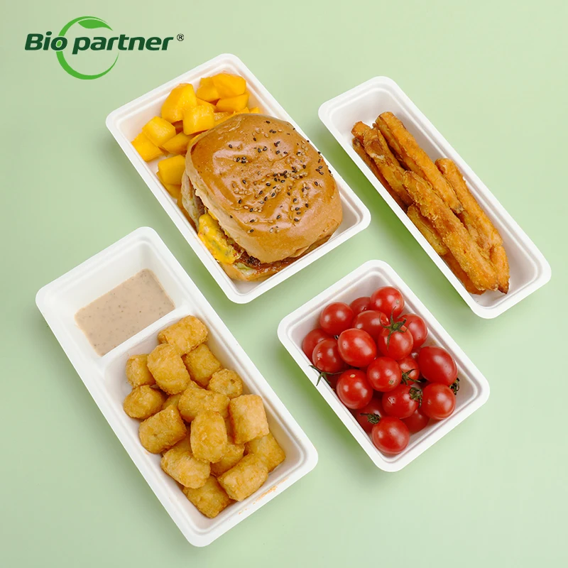 OEM Logo Full Size Disposable Snack Fast Food Box Tray Sugarcane Bagasse Container Waffle Hotdog Take out Snack Tray