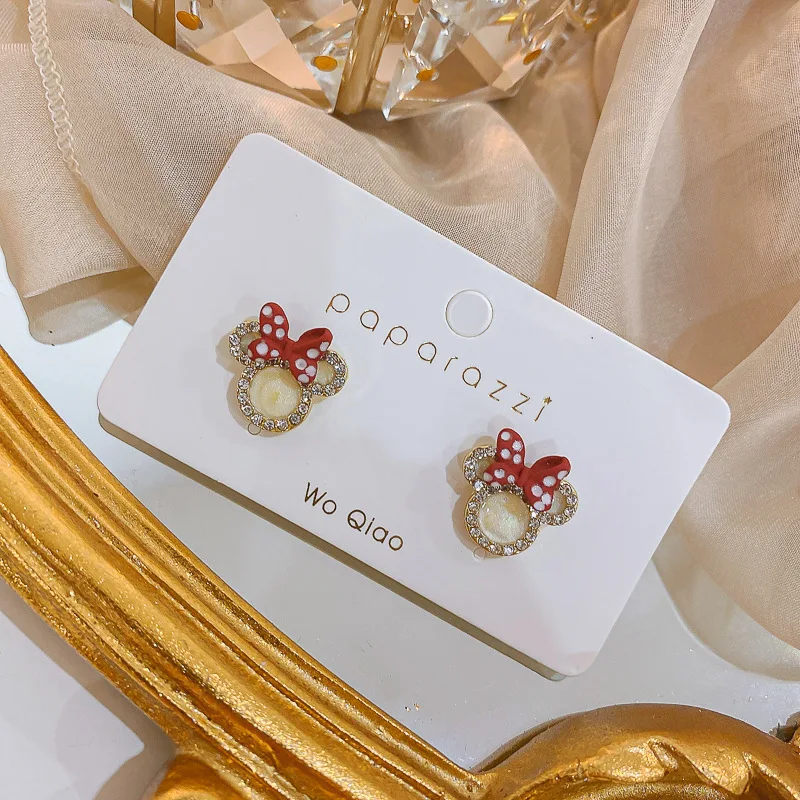2021 Cute Cartoon Fascinating Mickey Earrings Diamond-Bordered Small Bowknot 925 Silver Needle Jewelry for Ladies
