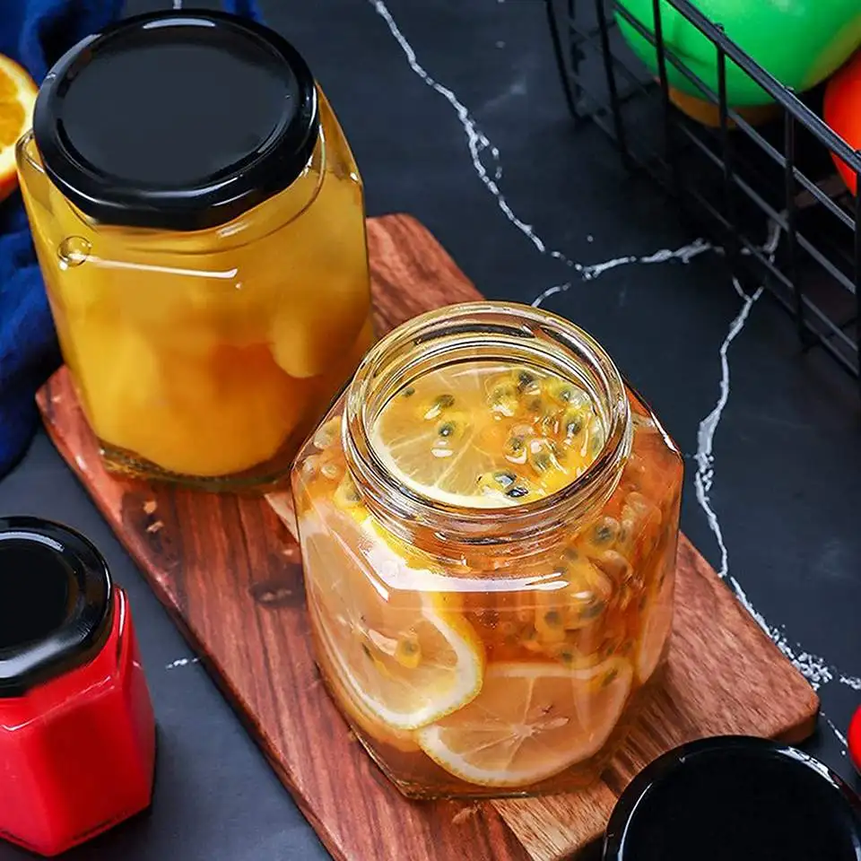 High Quality 16oz Hexagon Glass Bottle with Black Metal Cap Honey Jam Jar packaging