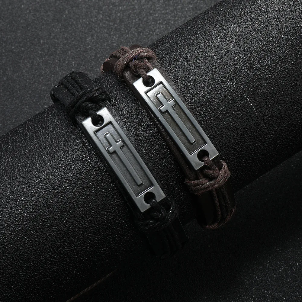 Alloy Cross Carving Plate Decoration Vintage Hemp Rope Braid Leather Cord Bracelet