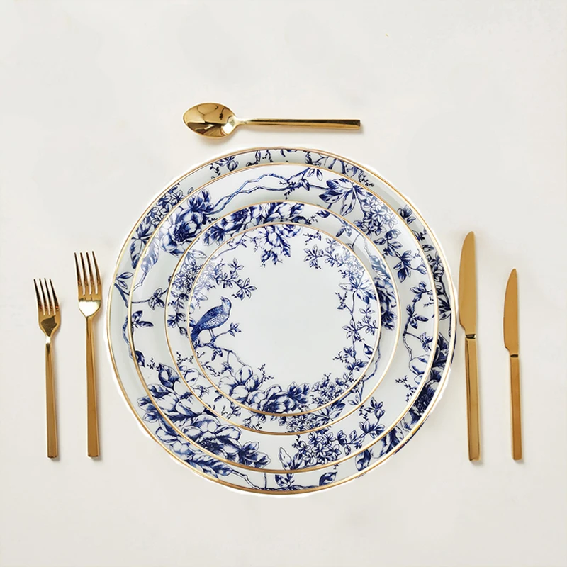 Nordic Tableware White and Blue Ceramic Dinnerware Set with Gold Rim Vintage Floral Birds Pattern Crockery for Wedding Decor