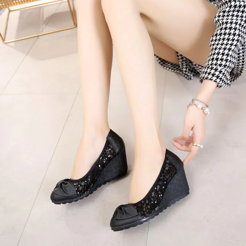 2022 Hot search new high heel bow leather comfortable wedges sandals for women and ladies fashion trend antislip heel shoes