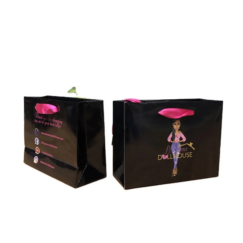 
Luxury black glossy custom printing cosmetic products packaging paper bag with pink ribbon handles  (1600139791019)