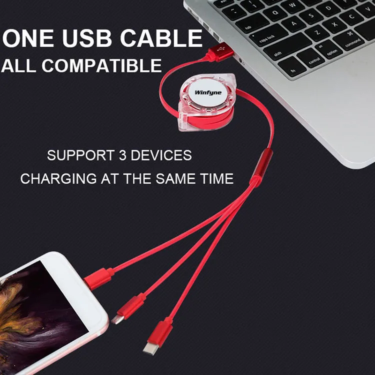 Custom Logo Multiple 3in1 Retractable Mobile Phone Cable USB Extension 3 in 1 Charging Cable USB Cable 3 in 1