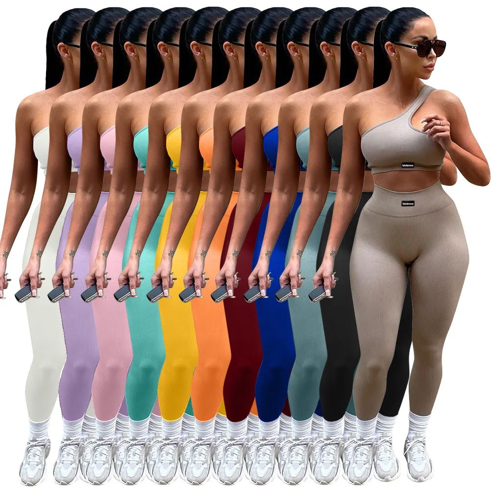 Custom Logo Tracksuits Crop Top Activewear Ribbed Yoga Set 2023 Fitness Women 2 Two Piece Set Women Clothing