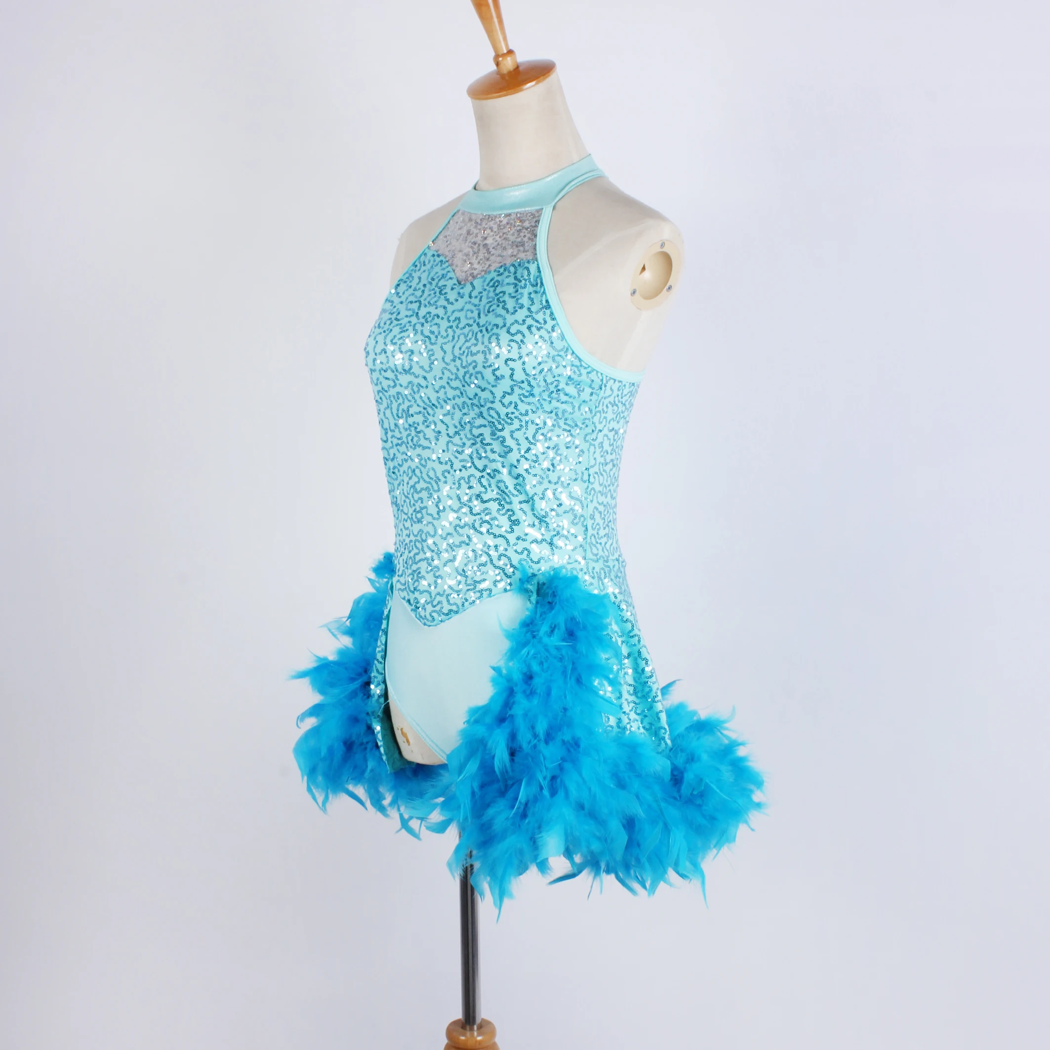 professional Competition shiny latin dress turquoise Sequin Feather performance wear samba dance costume