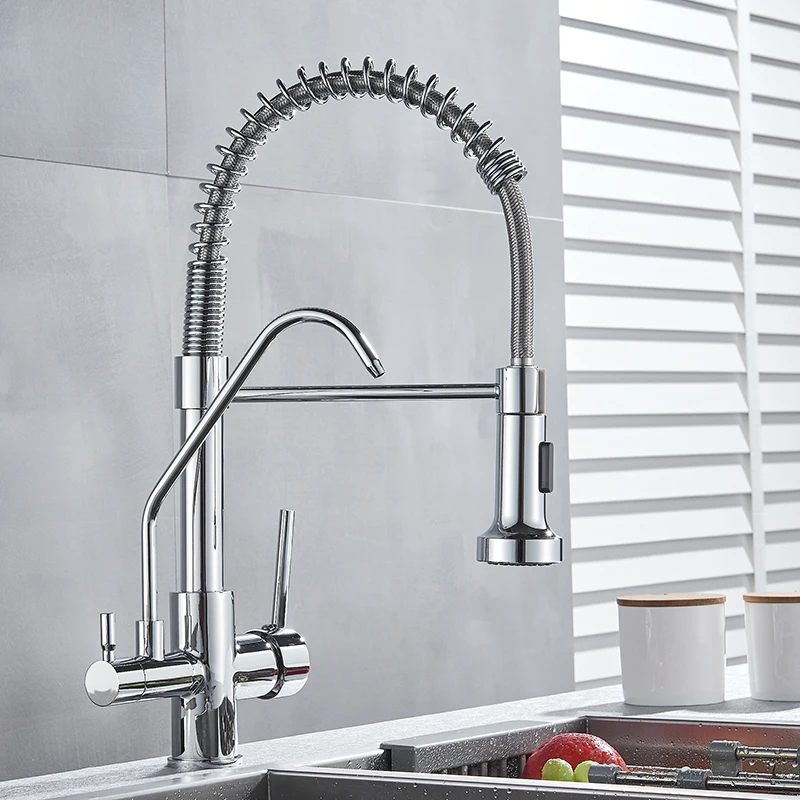 Chrome Filter Kitchen Faucet Dual Handle Purified Hot Cold Sink Tap 360 Rotation 2 Spouts Spring Faucet pure water Taps Crane
