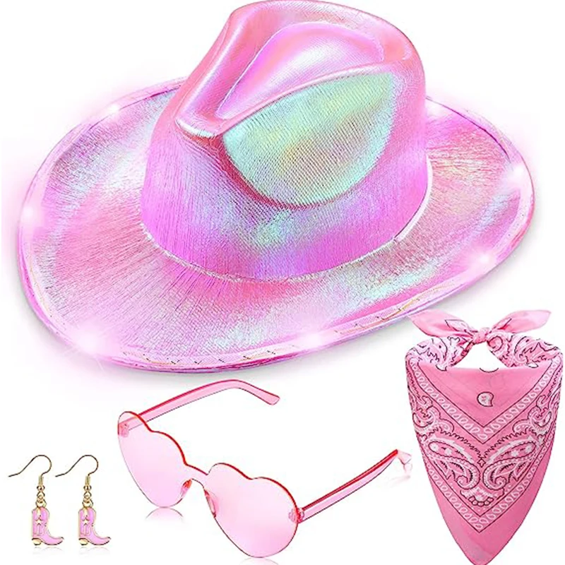 Colorful LED Flash Rolled Wide Brim Adult Neon EL Cowboy Top Hat Halloween Christmas Adjustable Led Cowboy Hat