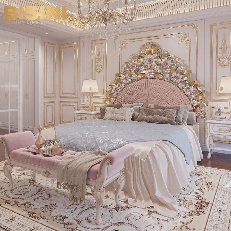 Beauteous Italy Milan Style Big House Princess Girls Bedroom Pink Bed Set Wood Carved Butterflies flowers Double Bed
