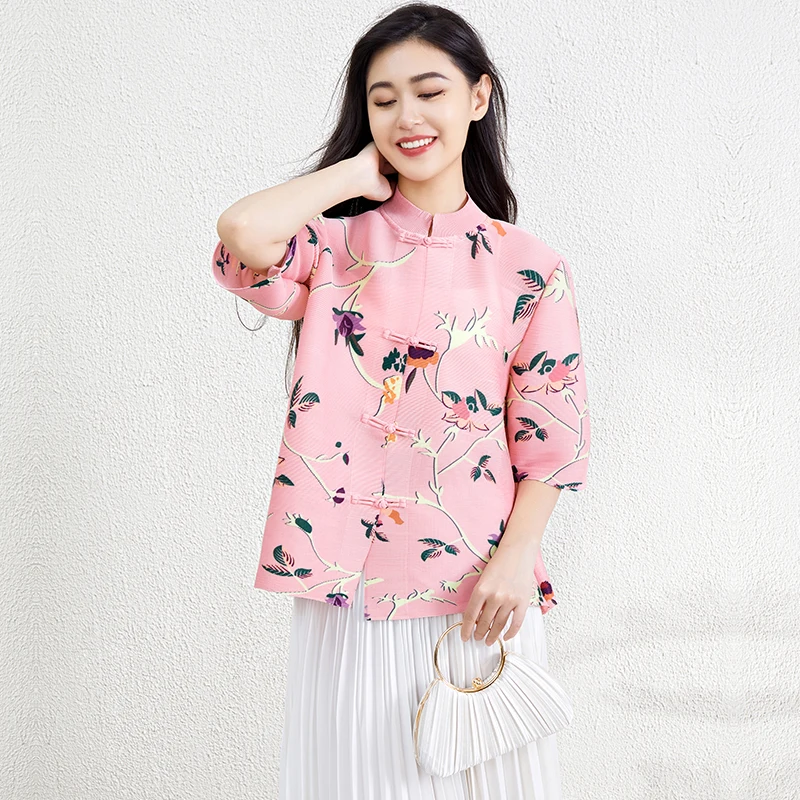 Fast Shipping 2024 Newest Design Chinese Style Printed Women Casual Shirt Pleated Miyake Top