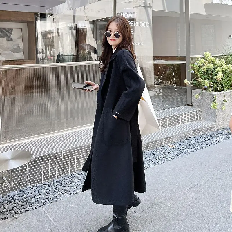 2023 Autumn Winter Women Long Sleeve Loose Woolen Coat Lady Solid Color Medium Long Double-face Cardigan Lapel Soft Woolen Coat