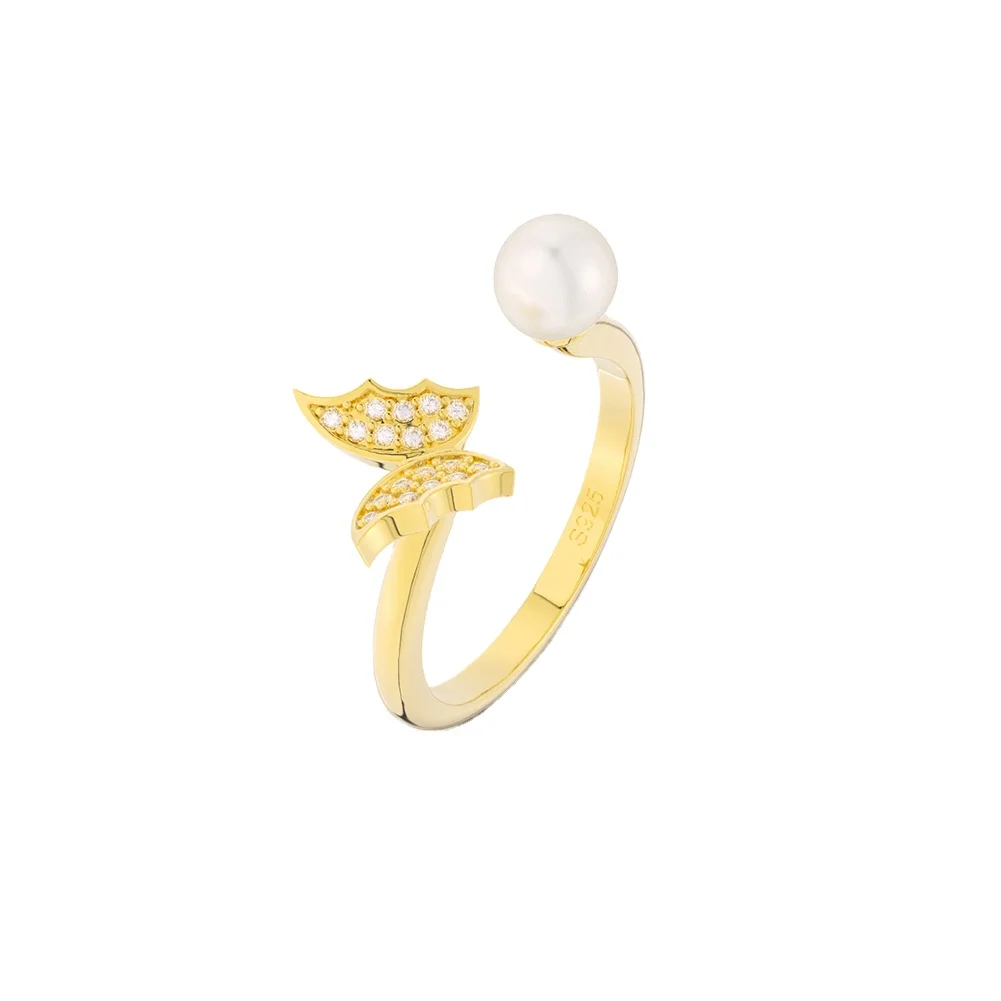 RINNTIN GPR14 simple style jewelry 925 sterling silver rings 14K Gold Plated classical special eternity pearl ring for women