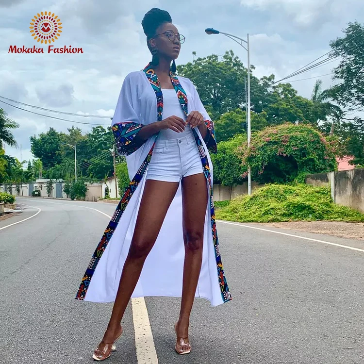 
2021 Spring African Fashion New Design Ankara Chiffon 3/4 Sleeve Ankle Long Kimono Mix African clothing 