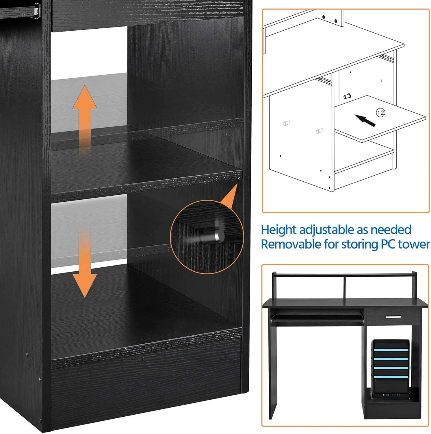 Black Computer Desk with Drawers Storage Shelf Keyboard Tray - Home Office Laptop Desktop Table for Small Spaces