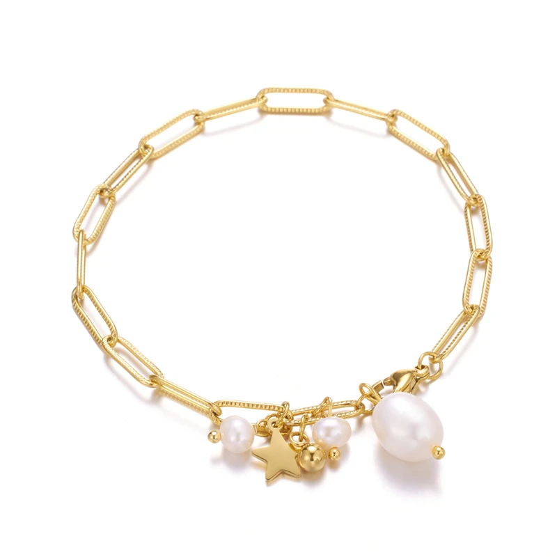 Tarnish Resistant Spotless PVD 18K Gold Plated Stainless Steel Cross Chain Link Bangle Fresh Water Pearl Charm Bracelet For Lady
