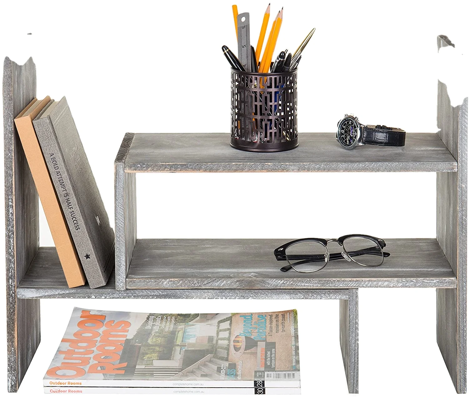 
Distressed Gray Wood Adjustable Desktop Bookshelves, Countertop Display Shelves 
