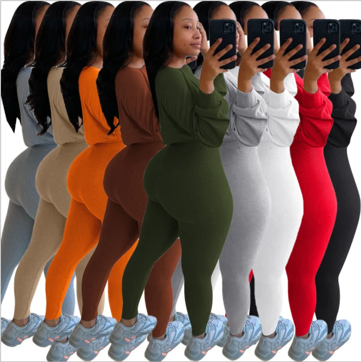 
Crop Top And Pants 2 Piece Set Tight Womens Knitting Sets Tracksuit joggers women 
