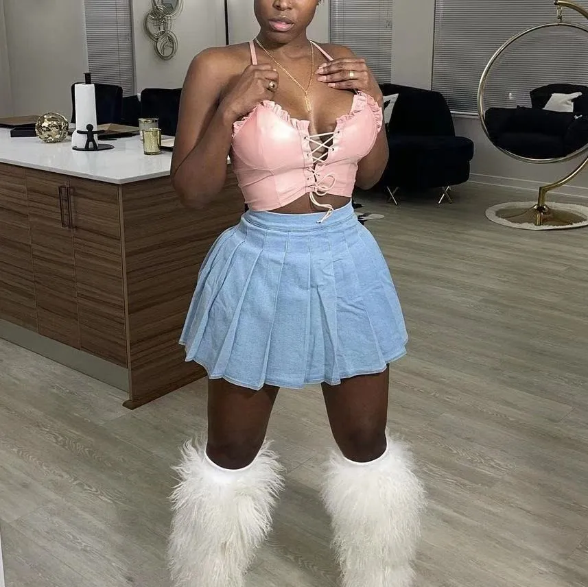 2021 Женская одежда, шикарные повседневные дамские джинсовые Свободные плиссированные джинсовые шорты с высокой талией, мини-юбка, женское короткое платье, синие джинсовые юбки