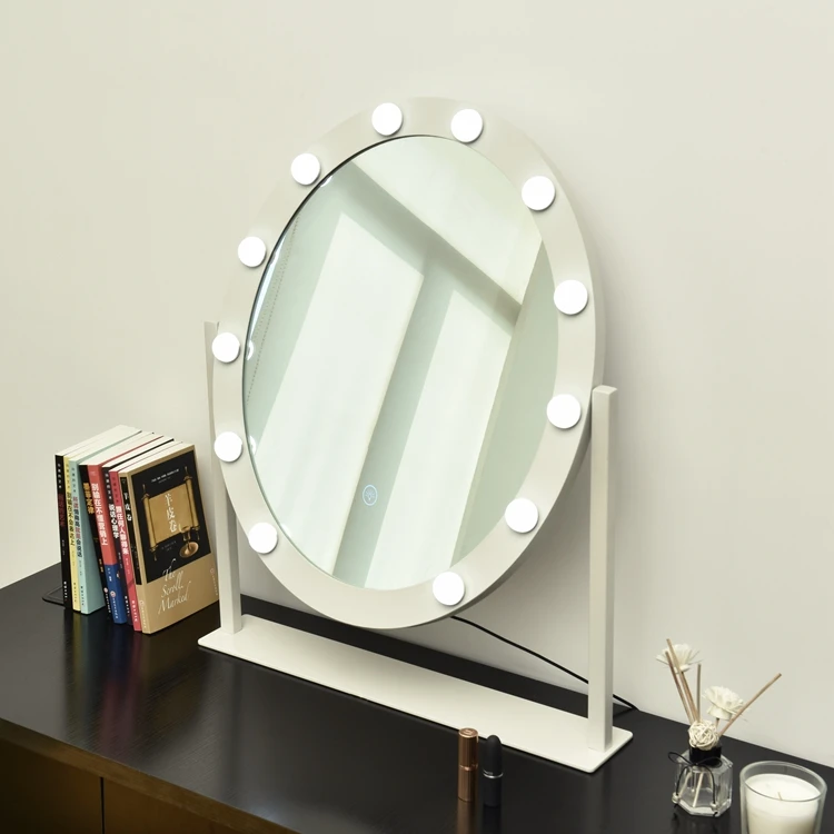 Hollywood LED Round Oval Vanity Barber Beauty Make up Table with Mirror Light Bulbs Cosmetic Mirror Touch Switch Zinc Alloy