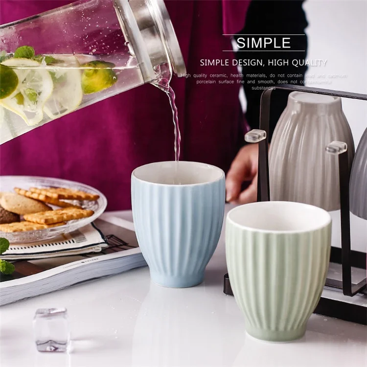 Macarons color  vertical stripes design home good 280 ml ceramic coffee mugs without handles with holder