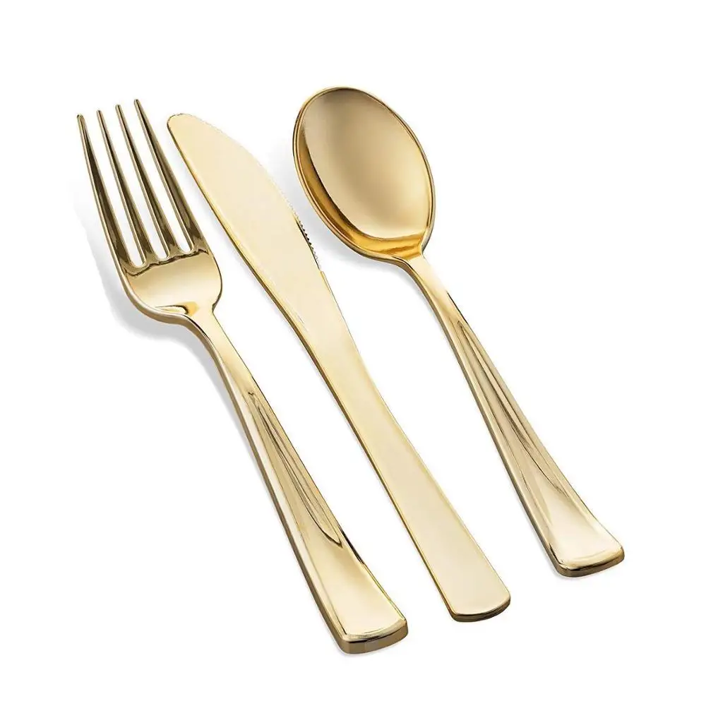 Gold Plastic Silverware- Disposable Flatware Set-Heavyweight Plastic Cutlery- Includes 100 Forks, 100 Spoons, 100 Knives
