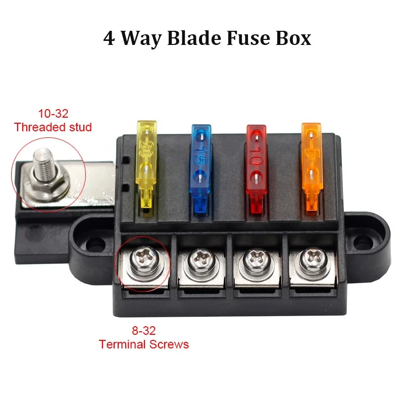 Waterproof 100A 32V 4 Way Car Blade Fuse Relay Box Holder with 20A Medium Fuse for Automotive Car Boat