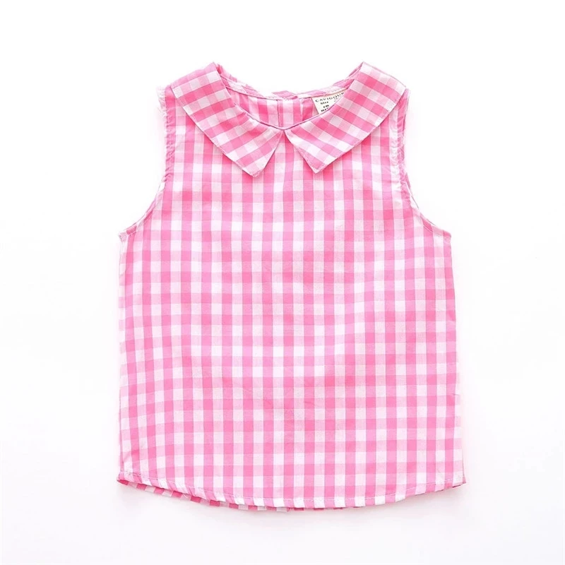 
2021 Summer New Outdoor Vest Custom Plaid Print Top O-neck Sleeveless Girls Children Baby Sleeveless Top Kids 